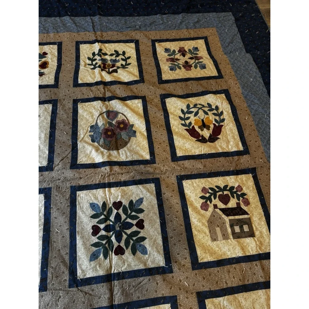 Vintage Handmade Applique Folk Art Quilt King Queen 106x89‎ Floral Country Home
